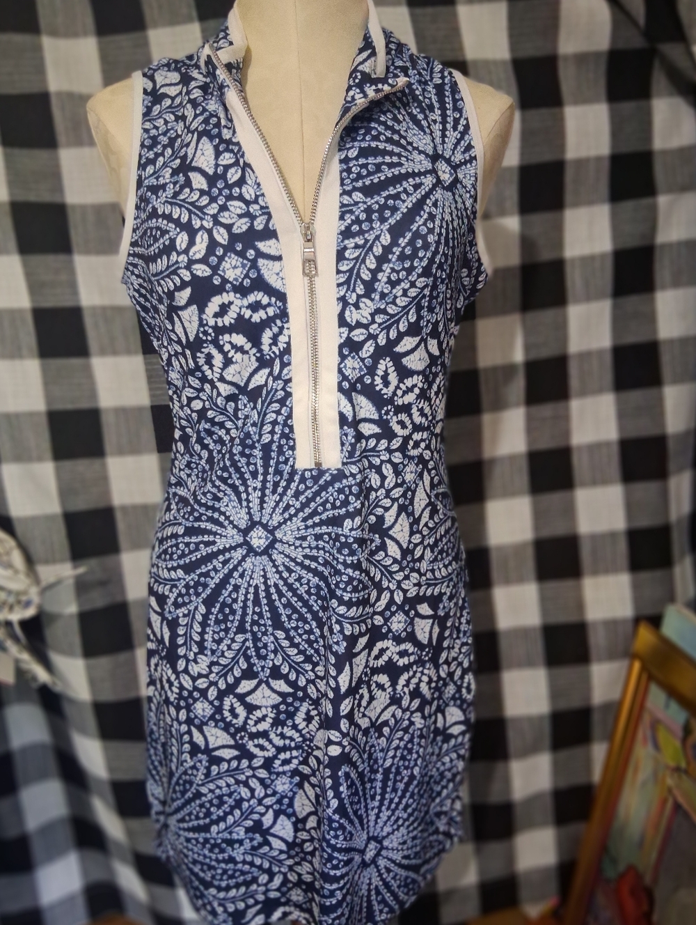 Stella& Ginger  Navy and White Patterned Zip-Front Dress S/m